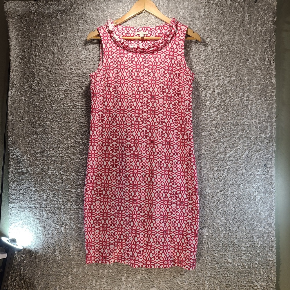 Talbots Dress Women's MP Pink White Floral Tile Print Ruffle Neck Sleeveless